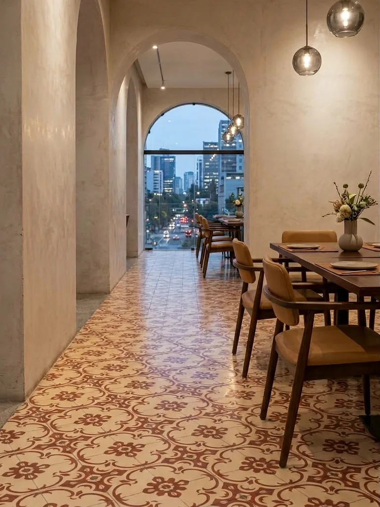 Decorative patterned tile floor in a restaurant