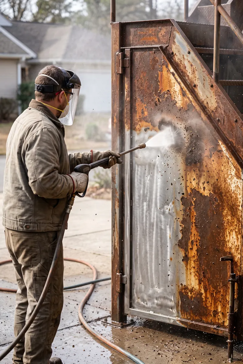 Removing rust from a metal door with a pressure washer